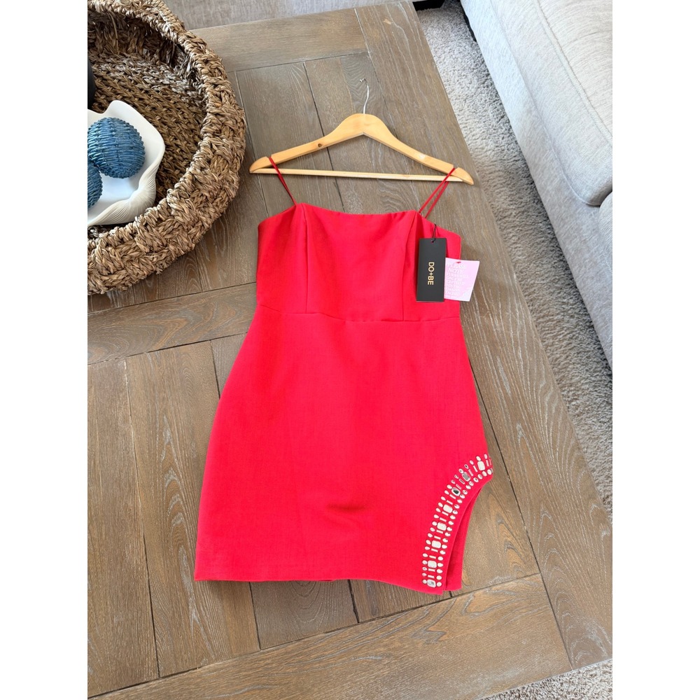 DO+BE Karie Dress‎ Womens Red Large Rhinestone Embellished Mini Bodycon NWT